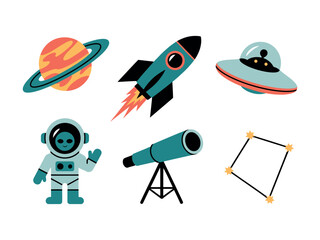 Illustration of a planet with rings, a rocket, ufo, astronaut, telescope, stars