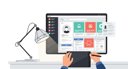 Digital workspace setup showcasing web design development with interactive interface exploration