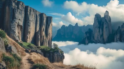 Wide view of rocky cliffs towering over a dense layer of clouds with a clear blue sky showcasing natural landscape features and vibrant colors in daylight perfect for nature and travel themes. - Powered by Adobe