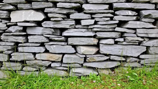 Close-up shot of a grey stone wall, built with rectangular and irregular stones, grass at the bottom