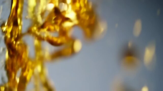 Blurred image of golden liquid swirling, contrasted with a soft blue background