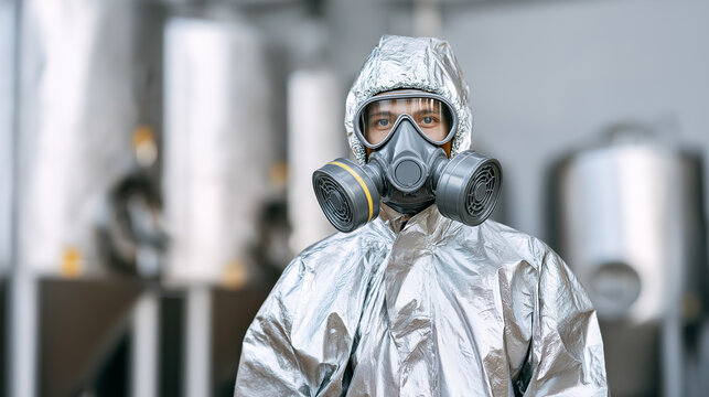 Worker in full protective hazmat suit with respirator mask and goggles at industrial facility. Chemical safety equipment, contamination protection, emergency response uniform, hazardous environment. - Powered by Adobe