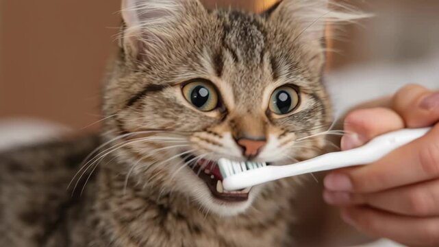 Toothbrush for animals. Person is brushing teeth to cat at home. Animal Hygiene and pet care concept. Close-up. 