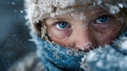 A close-up captures a child's determined eyes peering through a scarf in a snowy landscape, evoking feelings of resilience and joy during winter adventures.