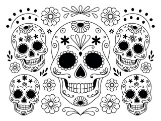 A black and white illustration of sugar skulls and flowers for day of the dead