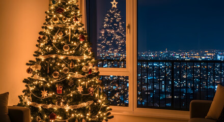 Christmas Tree Decoration with Warm Lights Overlooking the City at Night