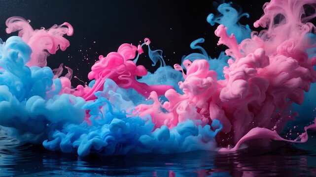Colorful swirling pink and blue smoke forming dynamic patterns in water with vibrant textures soft reflections and dark background creating a visually striking abstract scene