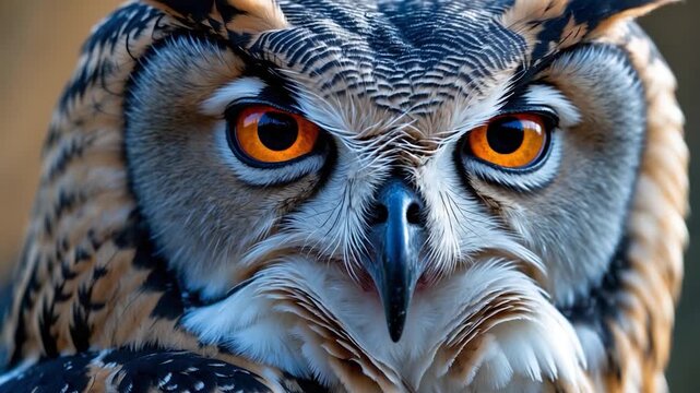 Detailed close-up of a majestic owl with striking orange eyes showcasing intricate feather patterns set against a softly blurred natural background in warm soft lighting