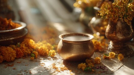 Brass milk pot (Paal Kudam) surrounded by marigold flowers. A traditional offering for the Hindu festival Thaipusam dedicated to Lord Murugan.