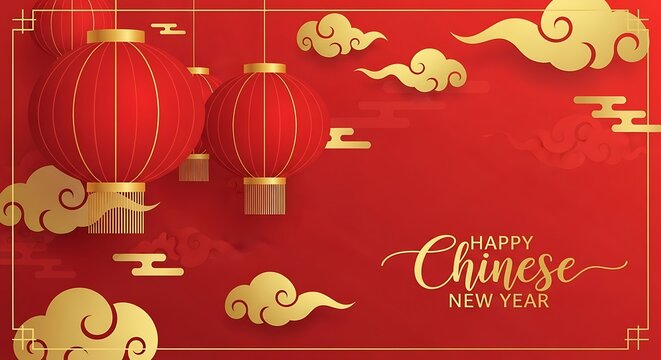 Traditional chinese new year celebration with red lanterns and golden clouds on a red background
