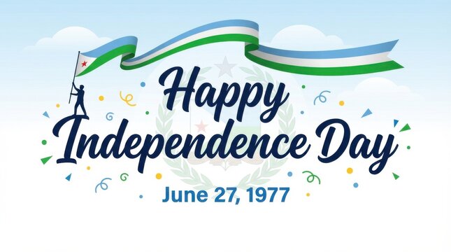 djibouti flag for independence day on white background with waving ribbon flag and date