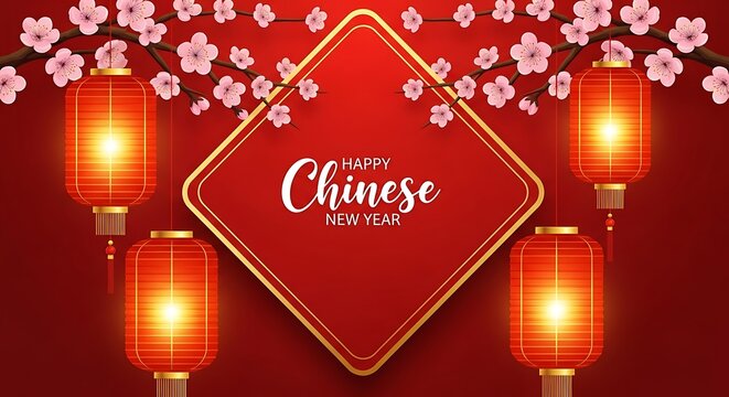 Traditional chinese new year celebration with red lanterns and cherry blossoms - Powered by Adobe