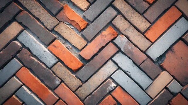 Close-up view of a textured brick surface featuring warm orange and cool gray tones arranged in a zigzag pattern with varying shapes showcasing smooth and rough elements under natural light