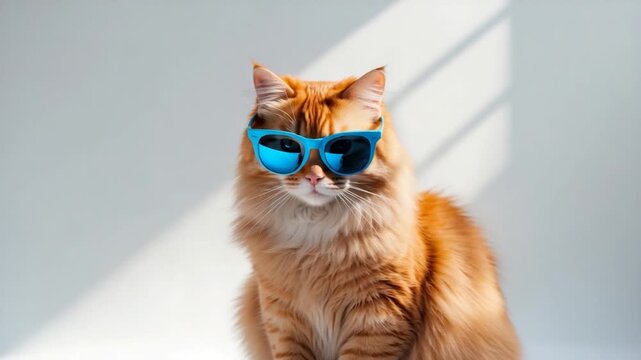 Confident orange cat wearing blue sunglasses sitting on a light backdrop with soft shadows showcasing distinct fur textures and vibrant colors throughout the scene