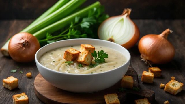 Creamy soup topped with croutons and fresh herbs in a white bowl surrounded by vibrant green celery and brown onions on a rustic wooden surface