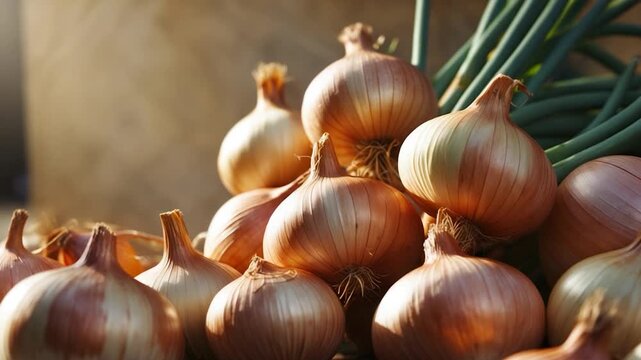 Close-up of freshly harvested golden onions arranged in a pleasing composition with green scallions illuminated by soft natural light showcasing their vibrant golden hues and smooth textures