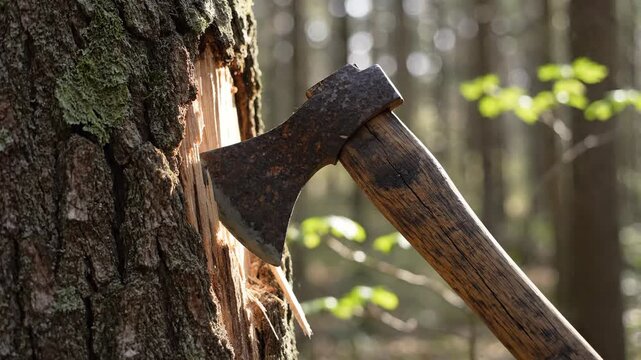 Close up of an axe embedded in a tree trunk in a forest.