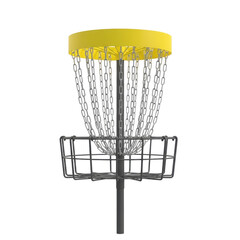 Realistic Disc Golf Basket Target with Yellow Rim and Silver Chains isolated on Transparent Background