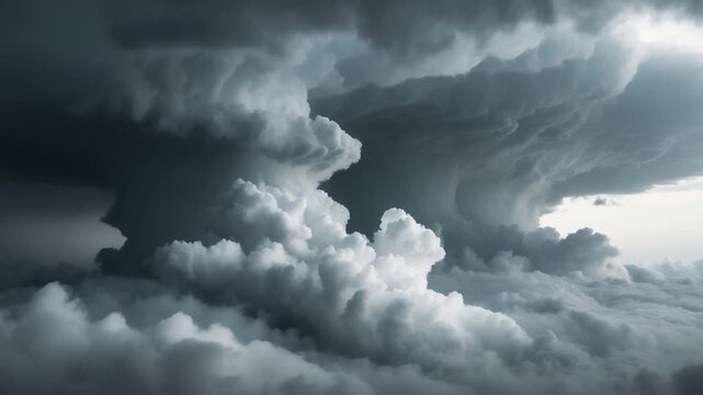 Dramatic view of ominous storm clouds gathering in the sky with dense gray formations swirling casting shadows and creating an atmospheric scene of impending weather conditions.