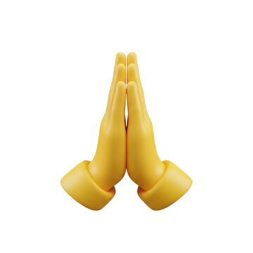 Isolated 3D render of yellow hands in praying or Namaste greeting gesture icon isolated on Transparent Background