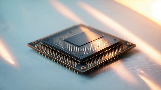 Close-up view of a textured microchip placed on a reflective surface illuminated by soft natural light showcasing intricate details and warm golden tones throughout the composition