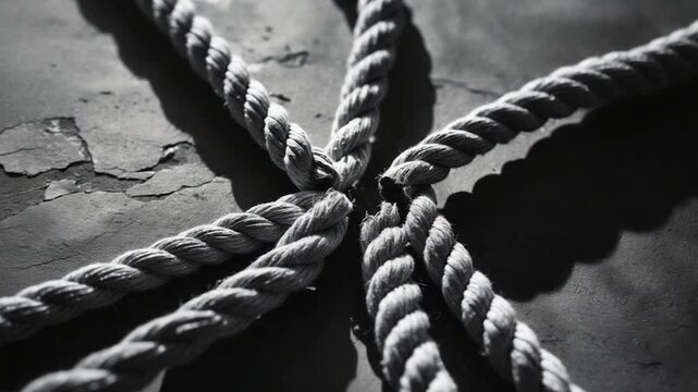 Close-up of intertwined gray ropes crisscrossing on a textured dark surface showcasing intricate patterns and shadows with soft lighting illuminating the fibers in a minimalist setting