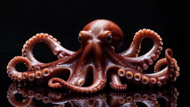 Detailed close-up of a vibrant octopus displaying its intricately patterned tentacles and bulbous head against a reflective dark background with even illumination showcasing its rich textures and