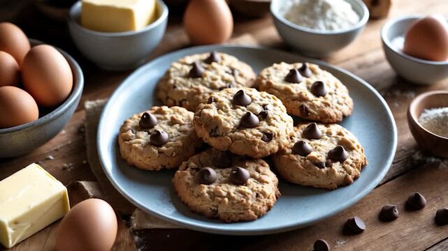 Freshly baked chocolate chip cookies arranged on a rustic wooden table with eggs butter and flour in soft natural light showcasing a home kitchen baking scene from start to finish - Powered by Adobe
