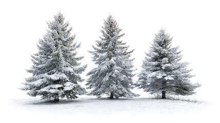 Naklejka premium Three spruce trees in winter side by side with heavy snow coverage on transparent background