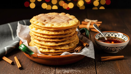 Buñuelos Mexican traditional Christmas crispy flatbreads made of flour dough with sugar and cinnamon. 