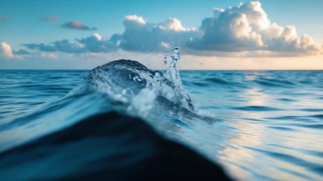 Dynamic ocean waves rolling gently toward the horizon under a bright blue sky with fluffy clouds during sunset showcasing glistening water textures and soft natural lighting