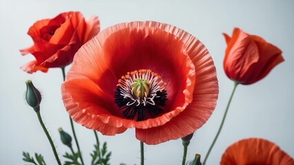Vibrant close-up of blooming red poppy flowers with layered petals and intricate stamens against a soft gray background showcasing gradual bloom dynamics and natural beauty. - Powered by Adobe