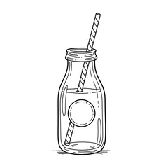 Hand drawn sketch of a glass bottle with straw and label