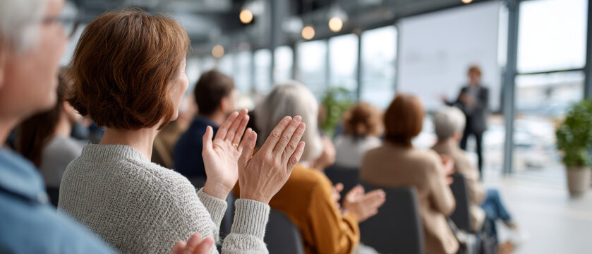 Audience clapping hands during a presentation in a modern conference room with large and natural light
