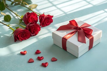 A romantic still life featuring a white gift box tied with a red ribbon alongside a bouquet of deep red roses and scattered heart shaped candies on a light blue surface with dappled sunlight