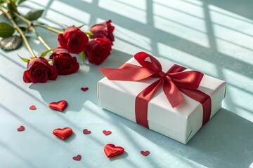 A romantic gift box adorned with a red ribbon sits on a light blue surface surrounded by scattered red heart shaped candies and a bouquet of red roses bathed in soft sunlight casting striped shadows