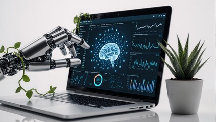 A futuristic robot hand interacts with a laptop displaying AI brain scans blending technology and nature
