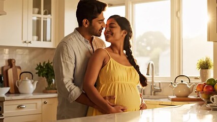 Joyful expectant couple sharing a tender moment embracing pregnant belly in a sunlit kitchen with warm natural light. Father lovingly holds mother in yellow - Powered by Adobe