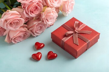 A romantic scene featuring a red gift box tied with a ribbon three heart shaped chocolates and a bouquet of soft pink roses on a light blue background perfect for expressing love and affection