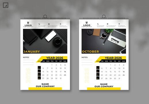 Wall Calendar 2026 with Yellow Accent