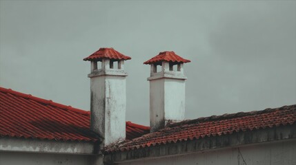 Chimneys on red tile roofs