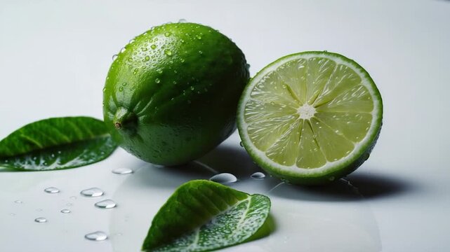 Close-up on fresh green limes and sliced lime halves with glistening water droplets on a smooth surface surrounded by vibrant green leaves in a minimalistic well-lit setting