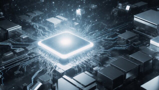 Digital illustration showcasing the fusion of human genius and futuristic AI depicted as a mind design merging with intricate computer innovation concepts