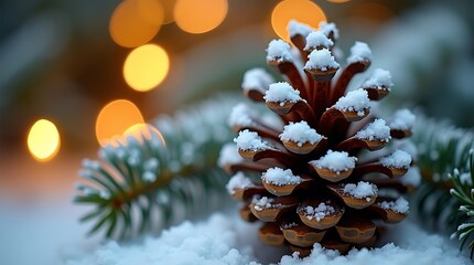 Snow-dusted pinecone close-up with blurred evergreen branches — soft winter glow, hyper-realistic holiday nature aesthetic