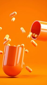 Large orange medical capsule open in half, with pills spilling out on orange background. 
