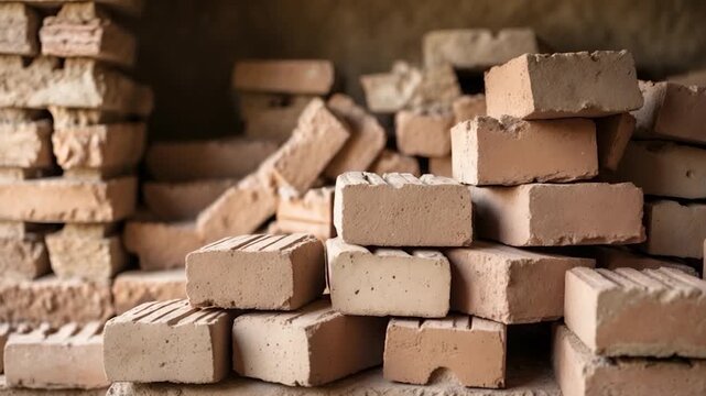 Stacked bricks in a rustic setting displaying natural textures and warm colors captured in a medium shot highlighting the arrangement and subtle variations from beginning to end
