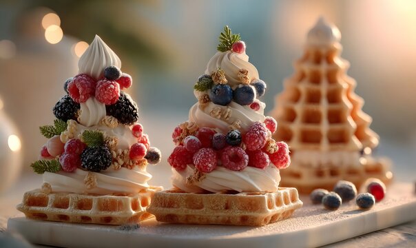 Holiday waffles topped with whipped cream, fresh raspberries, blueberries, and cranberries, reflecting festive dessert creation