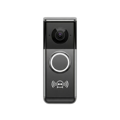 Fototapeta premium Modern Black and Silver Smart Video Doorbell Product Shot with Camera Lens and Ring Button isolated on Transparent Background