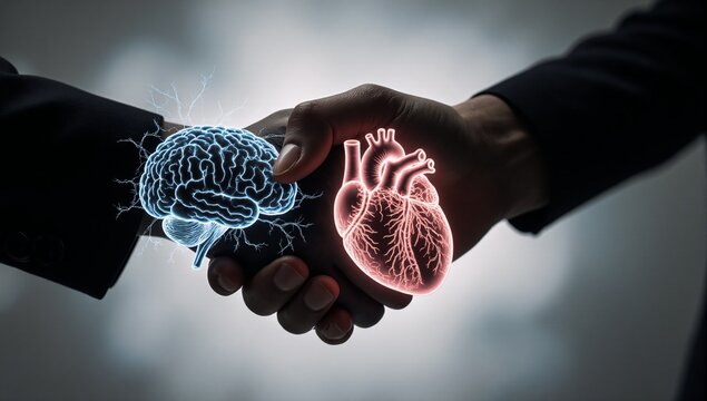 Illustration of brain and heart symbolizing teamwork between mind and feelings