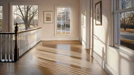 A sunlit hallway in a home interior with wooden floors, windows, and shadows.